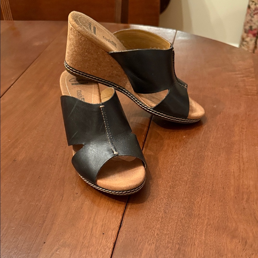 Clarks Black and Tan Wedge Sandals